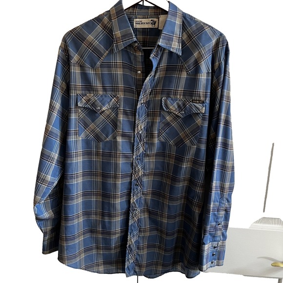 Vintage Roebucks Pearl Snap Shirt Mens XL‎ Blue Plaid Western Cowboy Rodeo 70s - Picture 1 of 13